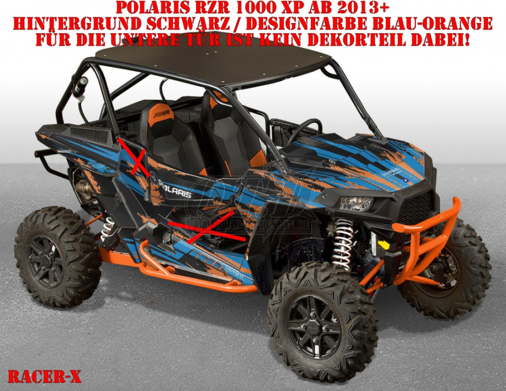 Racer-X Hintergrundfarbe = Schwarz, Designfarbe = Blau-Orange für Polaris RZR 1000 XP/Turbo 2 Türer 2013-2018
